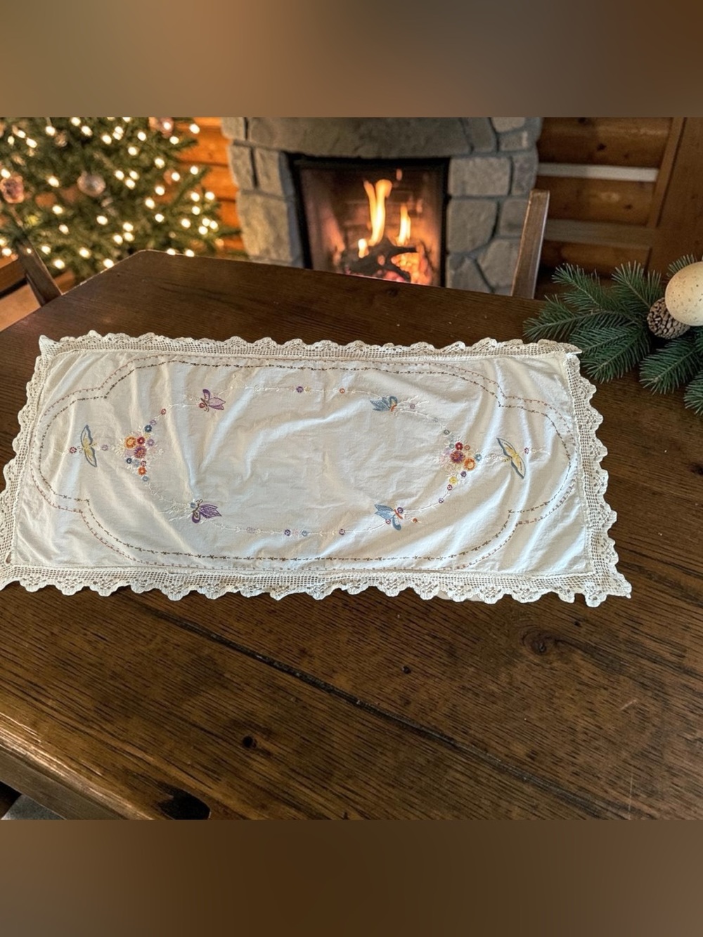Vintage Lace Embroidered Table Runner Dresser Scarf Flowers Butterflies White